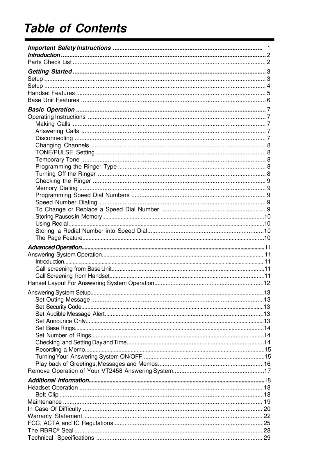 VTech 2458 important safety instructions Table of Contents 