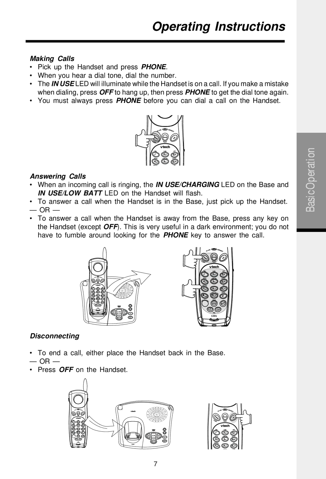 VTech 2458 important safety instructions Operating Instructions, Making Calls, Answering Calls, Disconnecting 