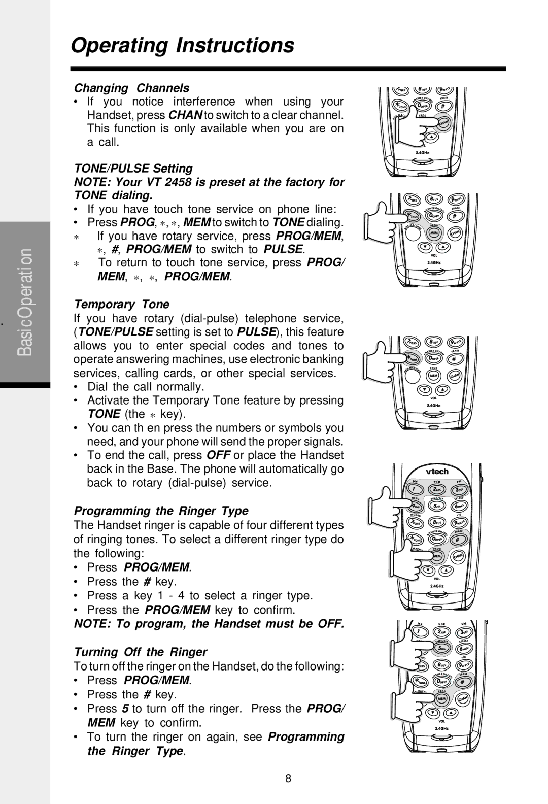 VTech 2458 Changing Channels, TONE/PULSE Setting, Programming the Ringer Type, Press PROG/MEM, Turning Off the Ringer 