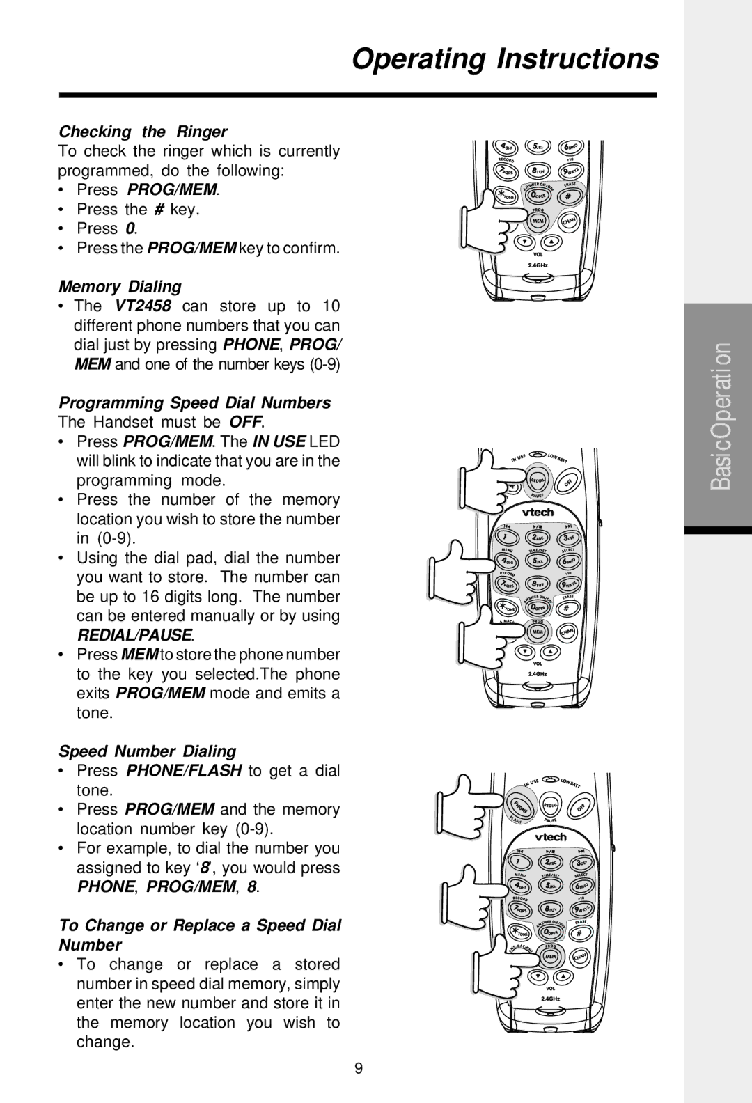 VTech 2458 Checking the Ringer, Memory Dialing, Programming Speed Dial Numbers, Speed Number Dialing 