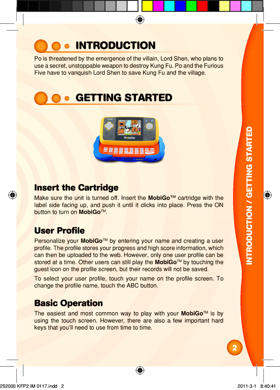 VTech 252000 KFP2 user manual Introduction, Getting Started, Insert the Cartridge, User Profile, Basic Operation 