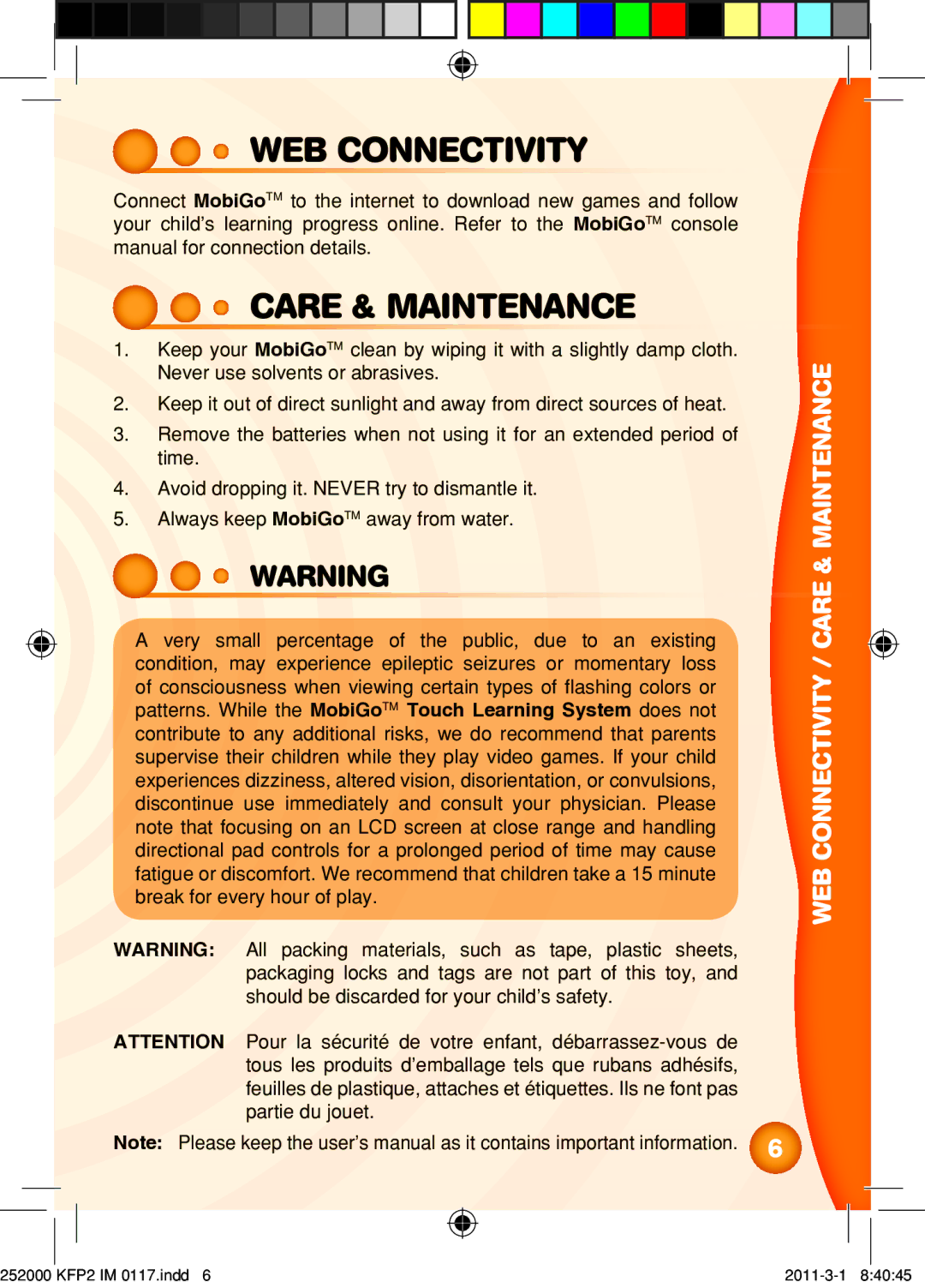 VTech 252000 KFP2 user manual Web Connectivity, Care & Maintenance 