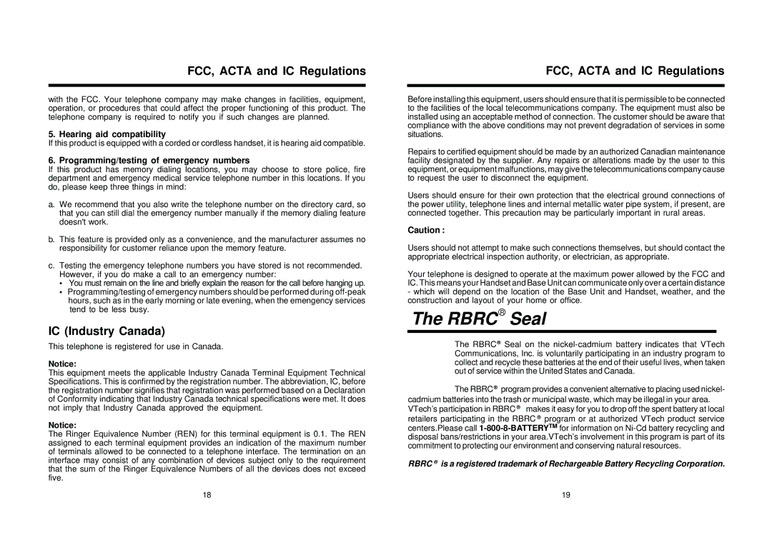 VTech 2600 user manual IC Industry Canada, Hearing aid compatibility, Programming/testing of emergency numbers 