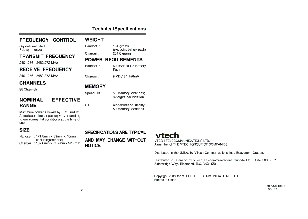 VTech 2600 user manual Technical Specifications, Range 