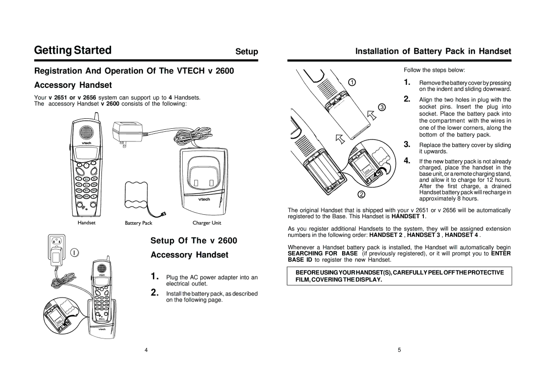 VTech 2600 Getting Started, Registration And Operation Of The Vtech v Accessory Handset, Setup Of The v Accessory Handset 