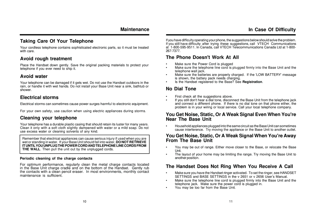 VTech 2600 Maintenance Taking Care Of Your Telephone, Avoid rough treatment, Avoid water, Electrical storms, No Dial Tone 