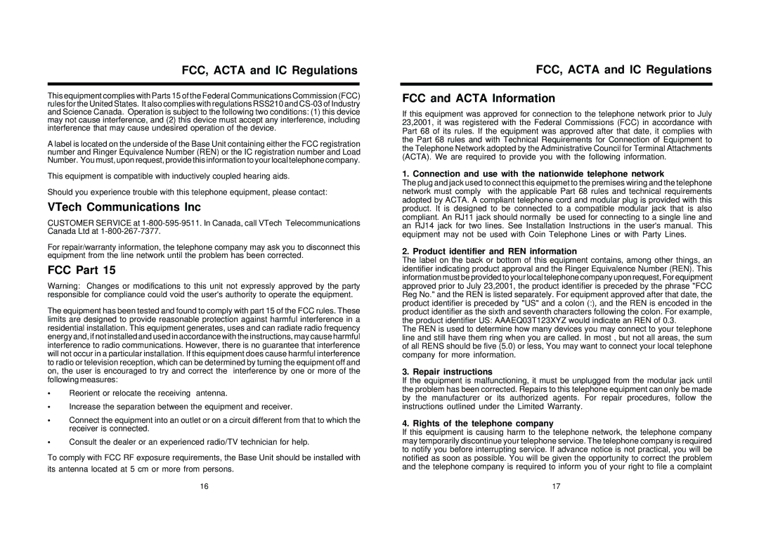 VTech 2600 user manual FCC, Acta and IC Regulations, VTech Communications Inc, FCC Part 