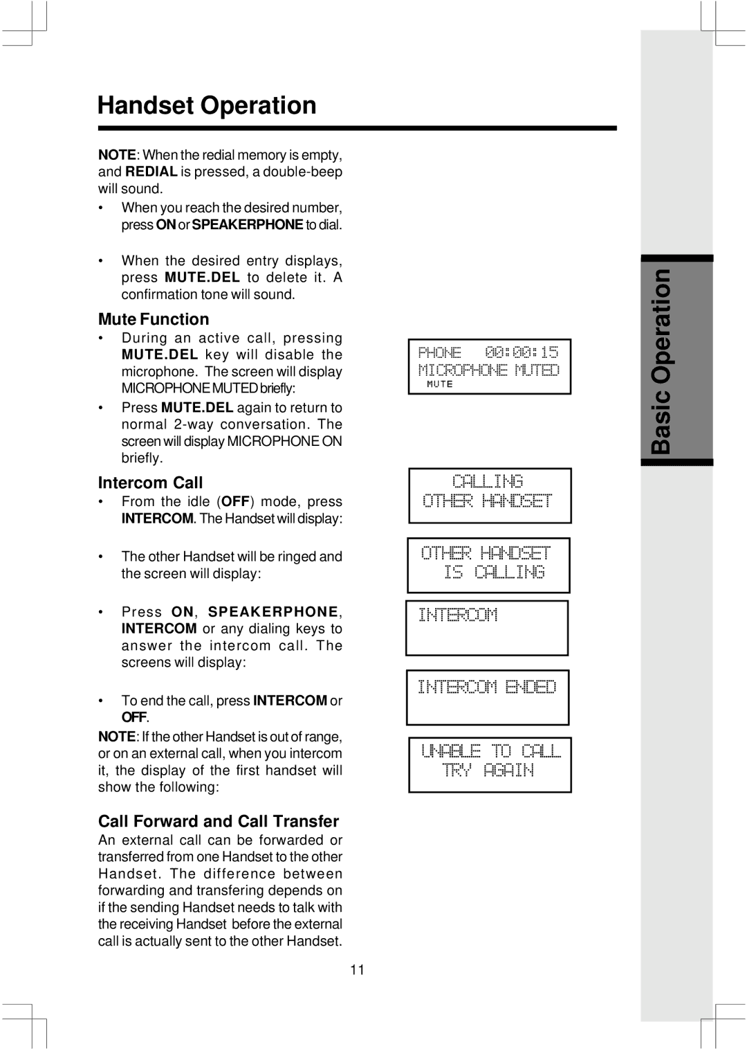 VTech 2625 important safety instructions Handset Operation, Mute Function, Intercom Call, Call Forward and Call Transfer 