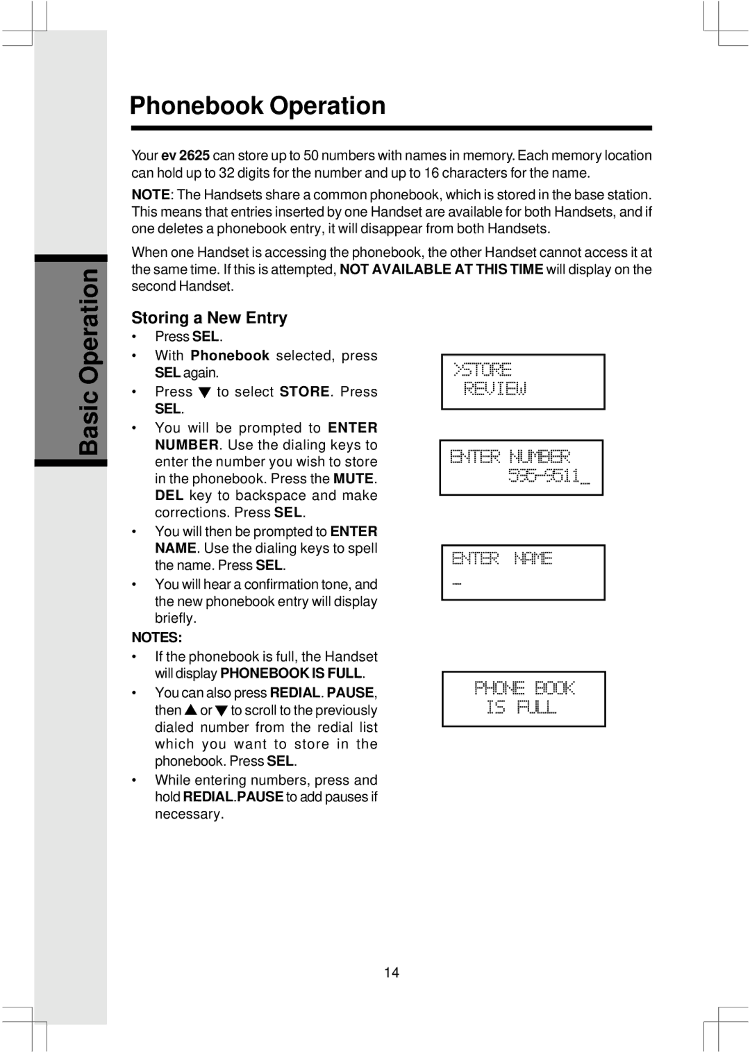 VTech 2625 important safety instructions Phonebook Operation, Storing a New Entry 