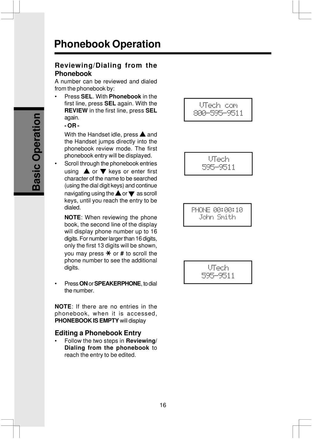 VTech 2625 Phonebook Operation Basic Operation, Reviewing/Dialing from the Phonebook, Editing a Phonebook Entry 