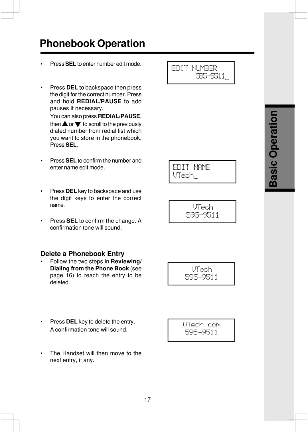 VTech 2625 important safety instructions Delete a Phonebook Entry 