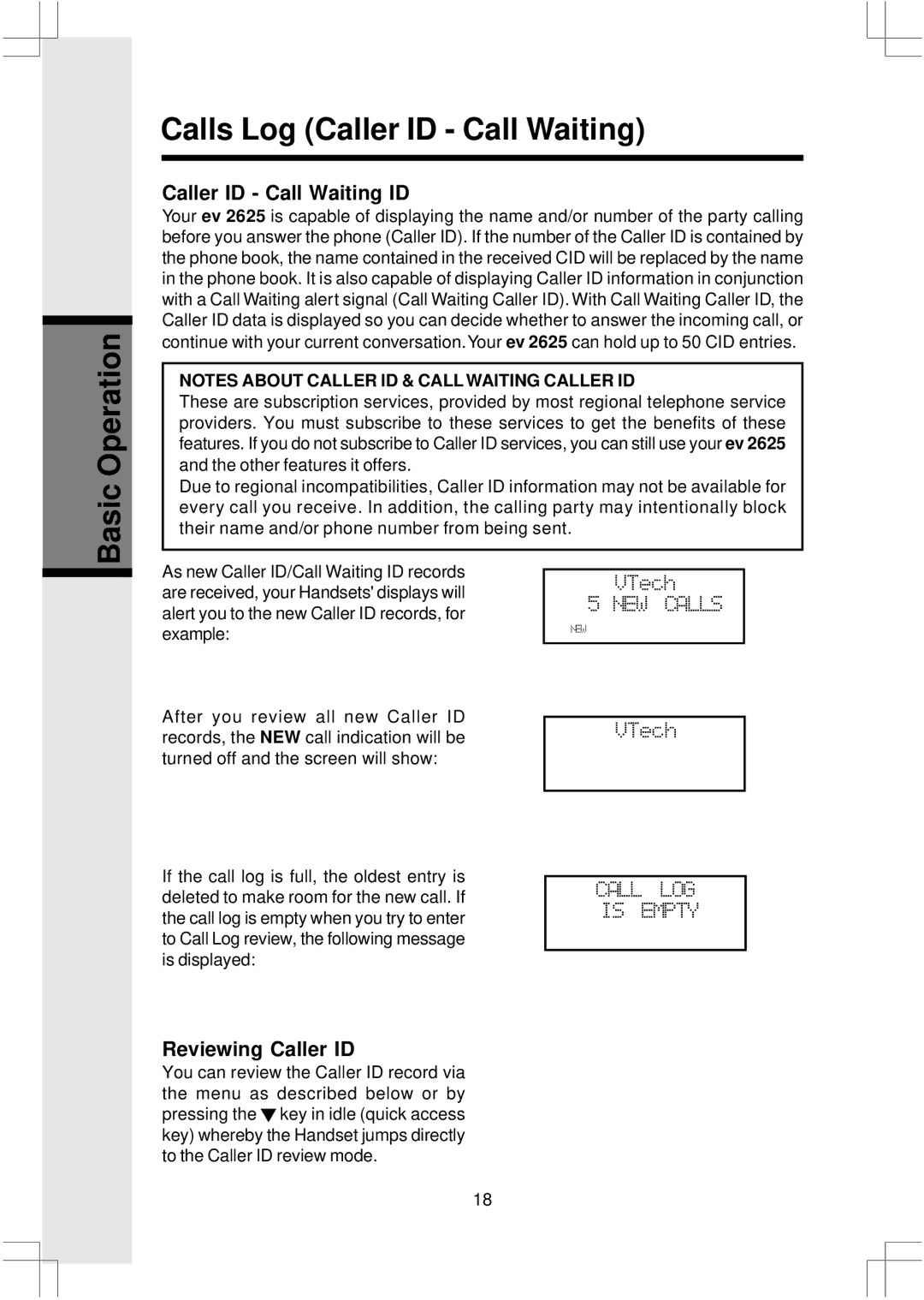 VTech 2625 Basic Operation Calls Log Caller ID Call Waiting, Caller ID Call Waiting ID, Reviewing Caller ID 