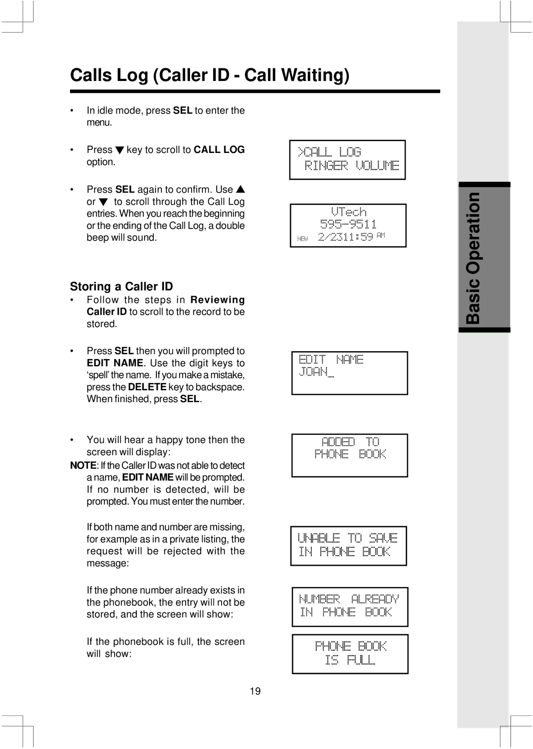 VTech 2625 important safety instructions Operation, Basic, Storing a Caller ID 