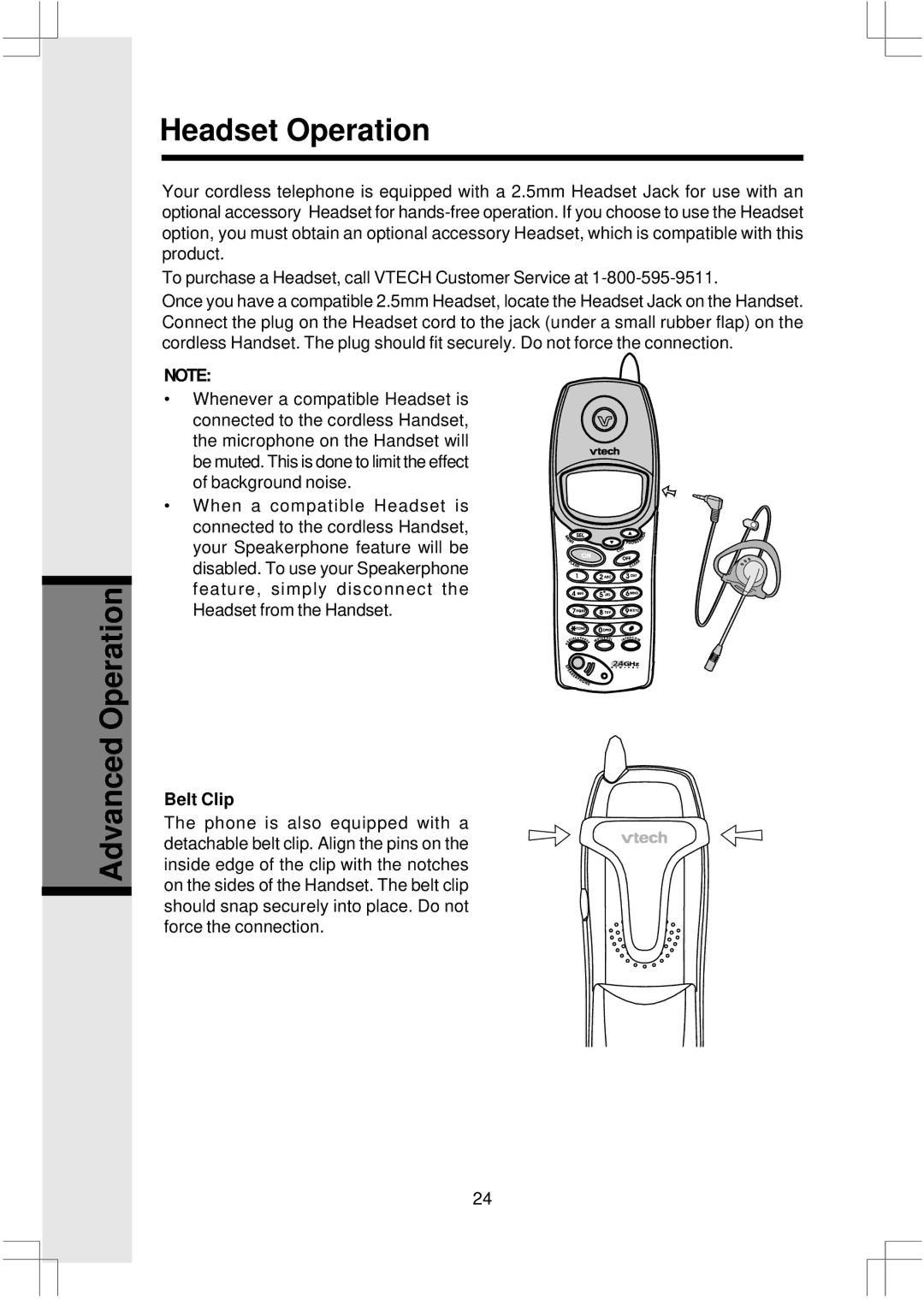 VTech 2625 important safety instructions Advanced Operation Headset Operation, Belt Clip 