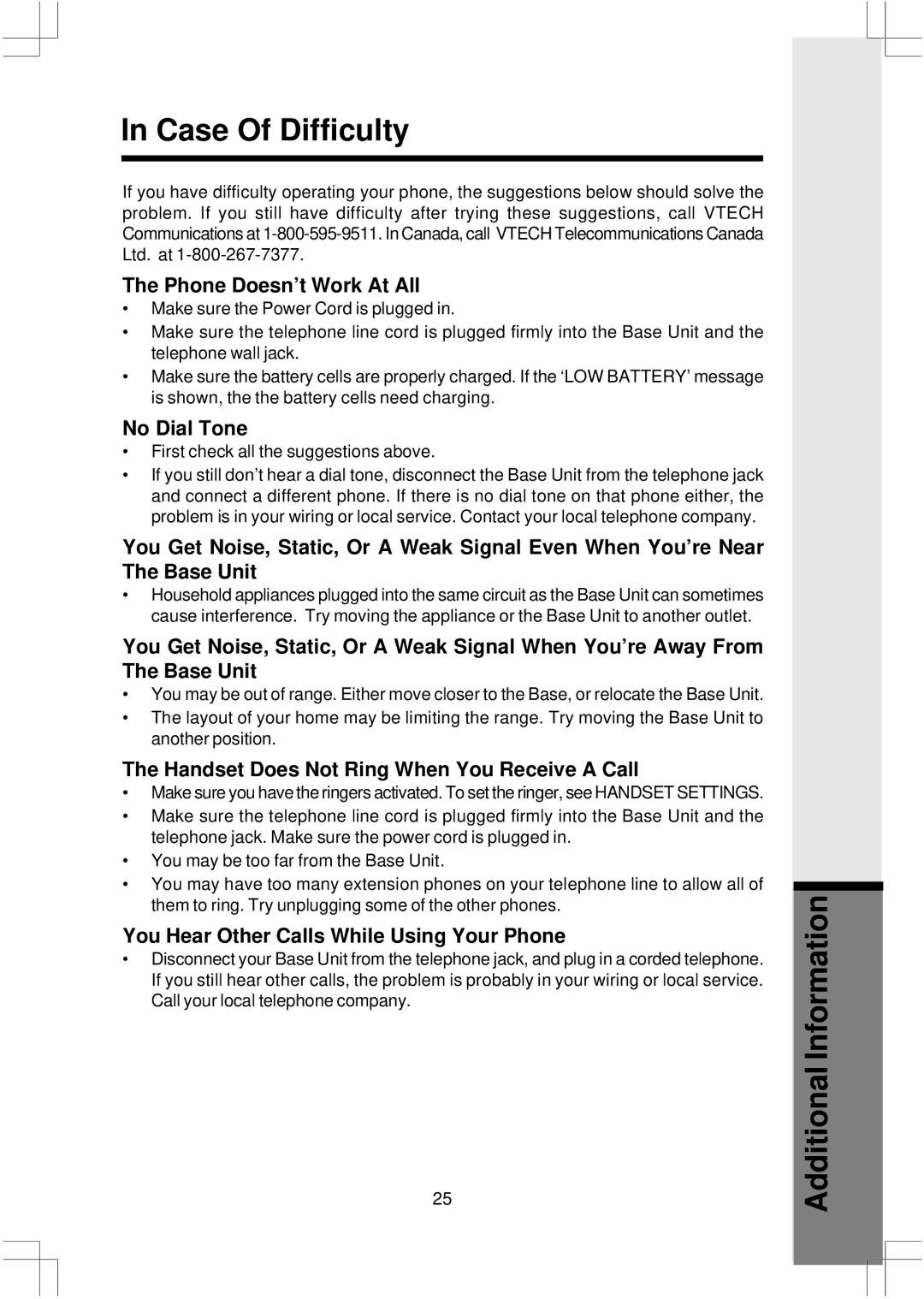 VTech 2625 important safety instructions Case Of Difficulty, Additional Information Additional Information 