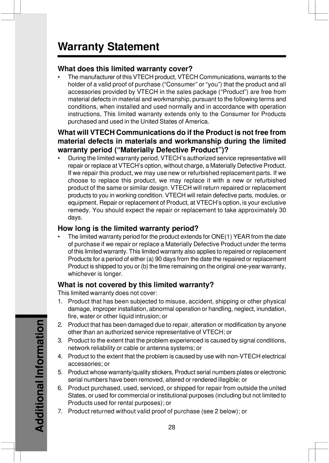 VTech 2625 important safety instructions What does this limited warranty cover?, How long is the limited warranty period? 