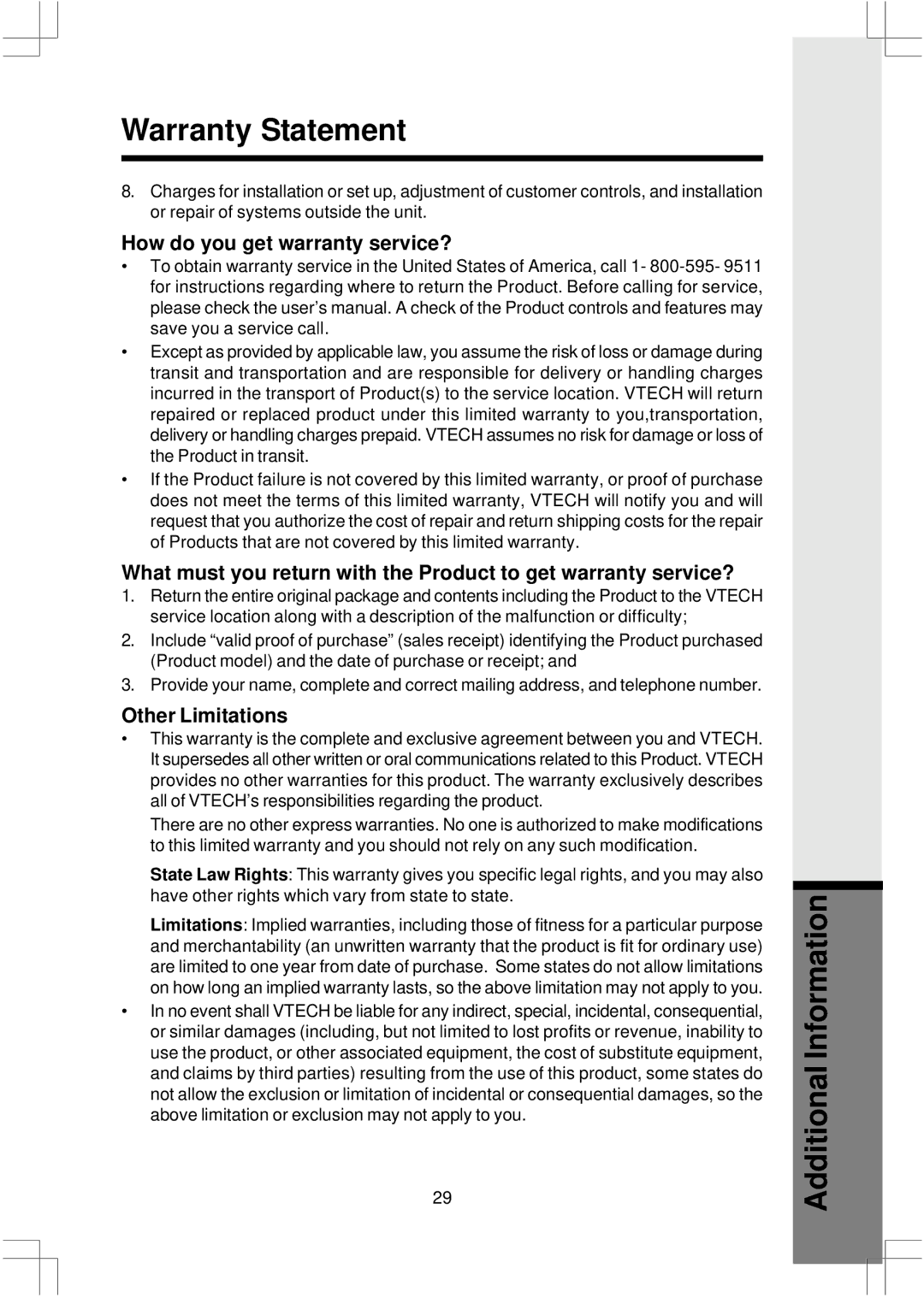 VTech 2625 important safety instructions How do you get warranty service?, Other Limitations 