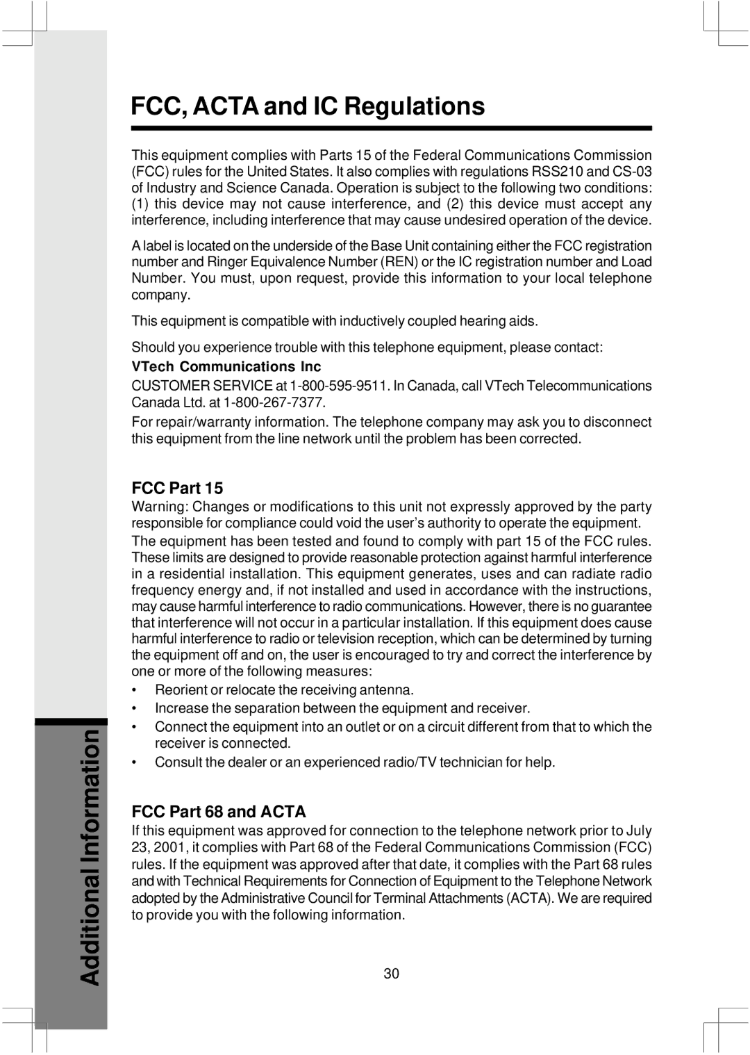 VTech 2625 important safety instructions FCC Part 68 and Acta 