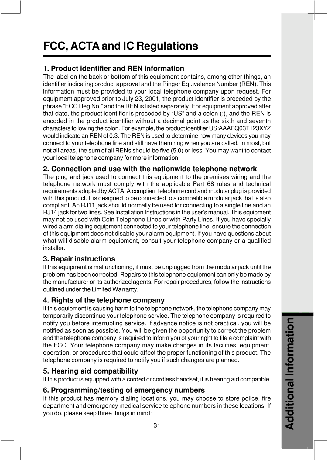 VTech 2625 Product identifier and REN information, Connection and use with the nationwide telephone network 