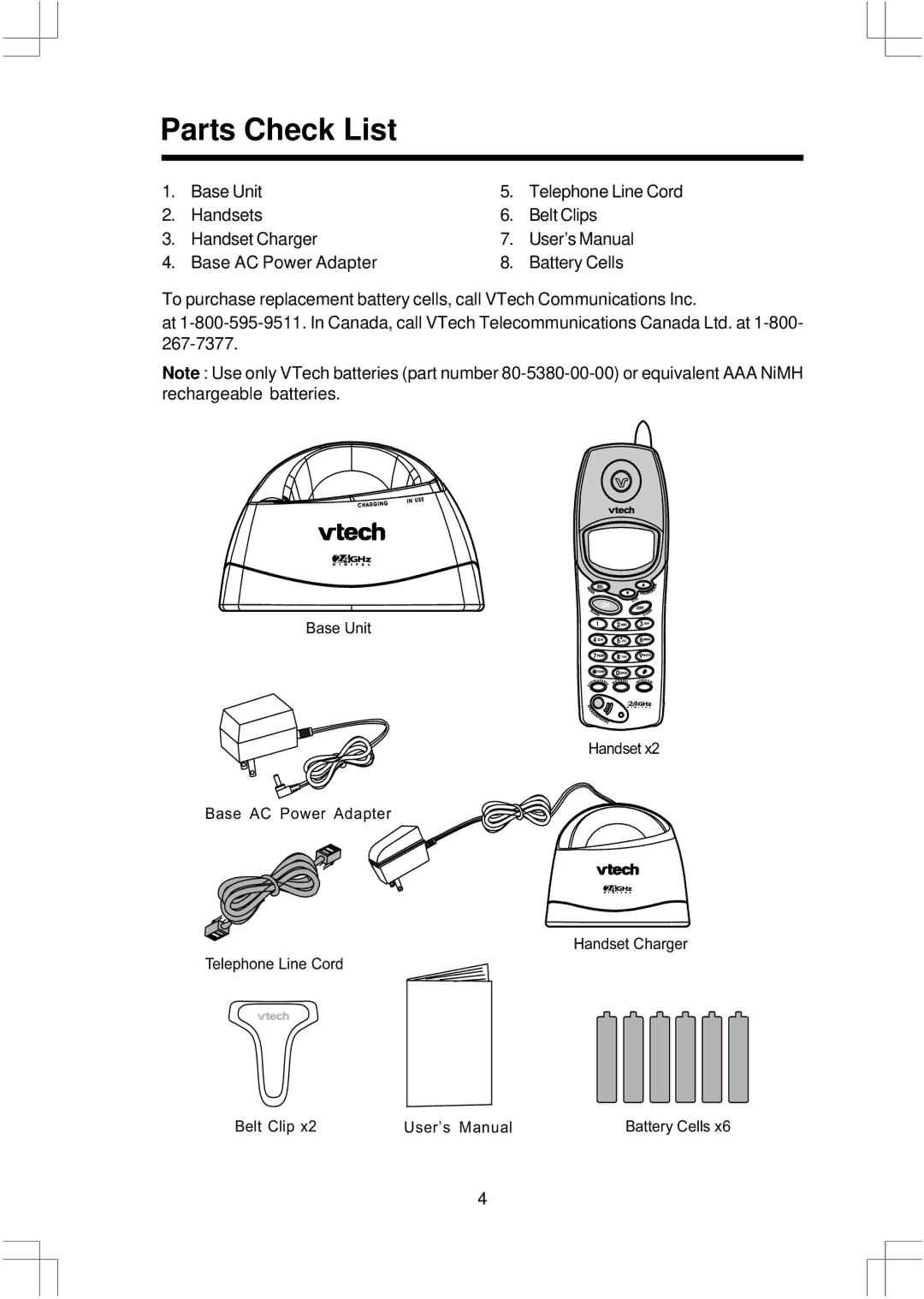 VTech 2625 important safety instructions Parts Check List 