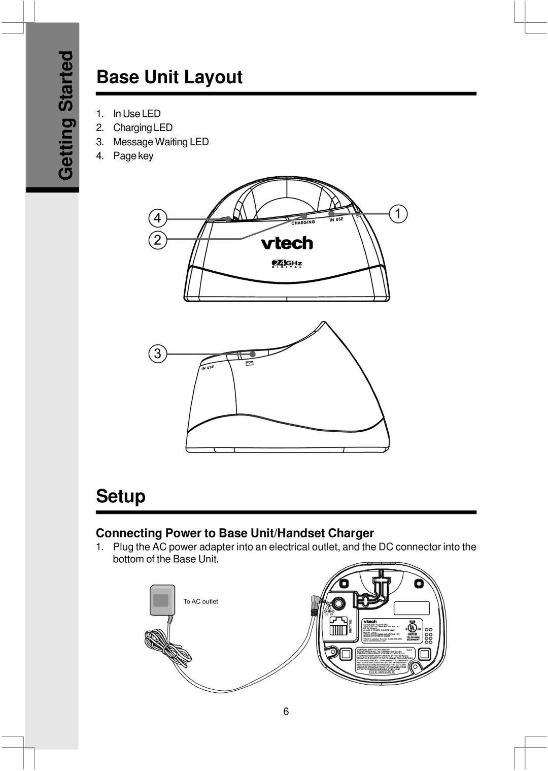 VTech 2625 Getting Started Base Unit Layout, Setup, Connecting Power to Base Unit/Handset Charger 