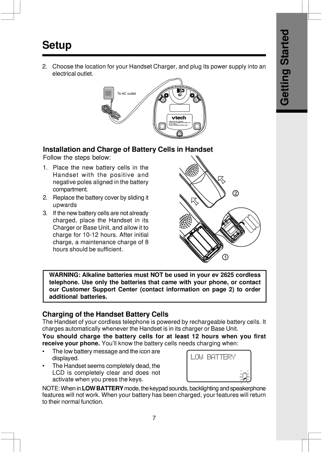 VTech 2625 Getting Started, Installation and Charge of Battery Cells in Handset, Charging of the Handset Battery Cells 