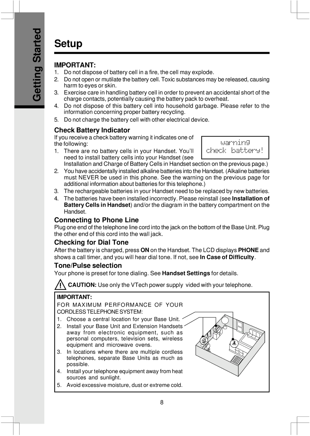 VTech 2625 Getting Started Setup, Check Battery Indicator, Connecting to Phone Line, Checking for Dial Tone 