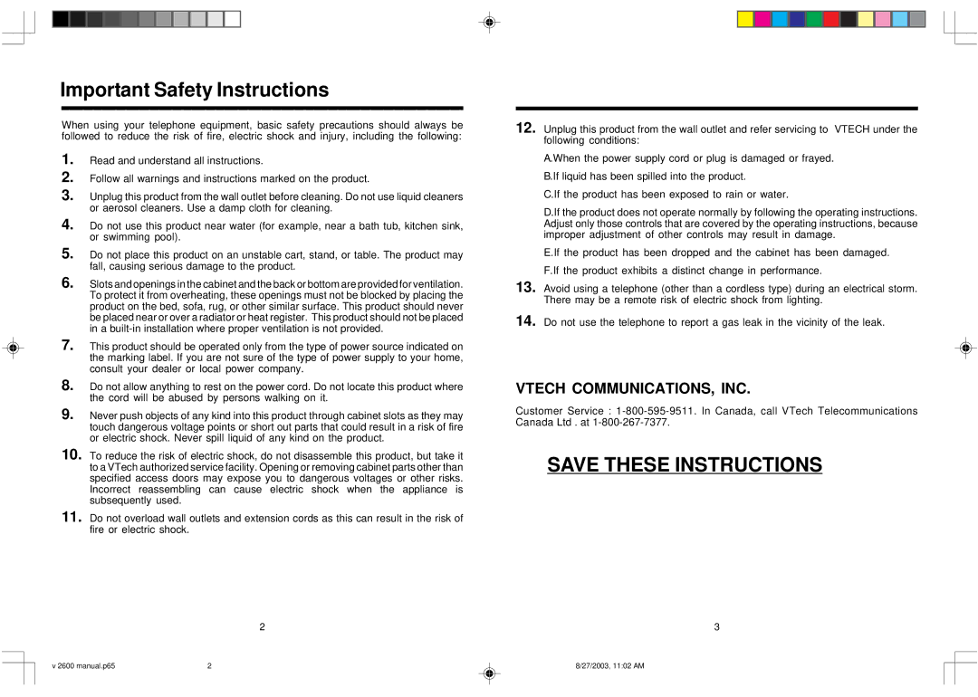 VTech 2656 user manual Important Safety Instructions 