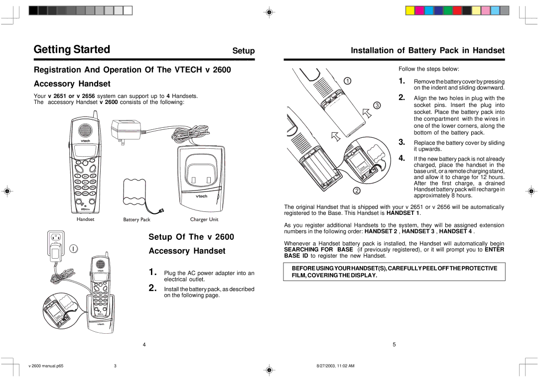 VTech 2656 Getting Started, Registration And Operation Of The Vtech v Accessory Handset, Setup Of The v Accessory Handset 