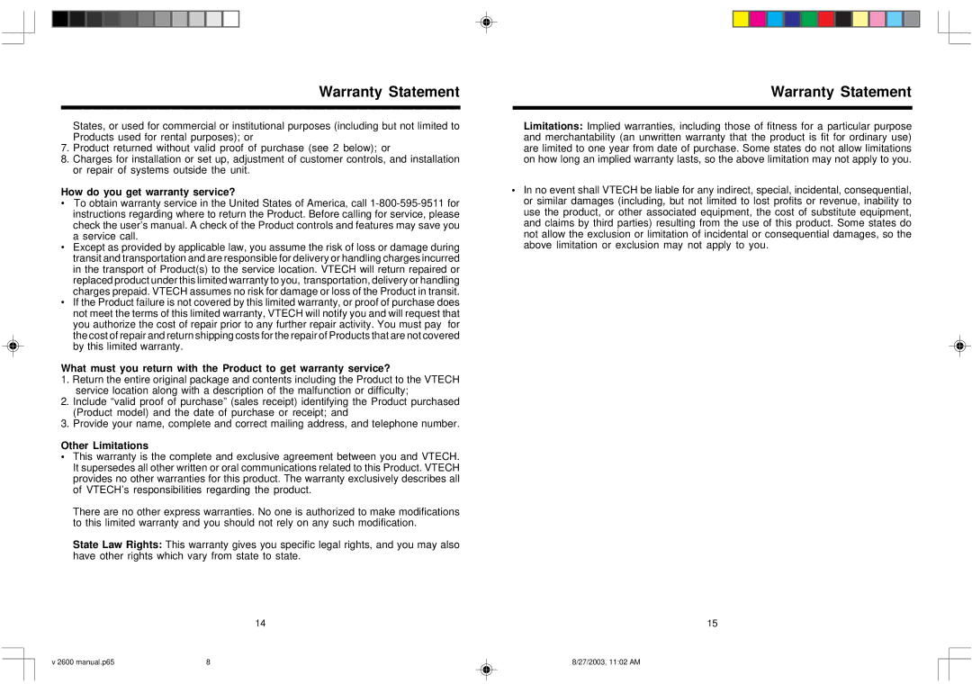 VTech 2656 user manual How do you get warranty service? 