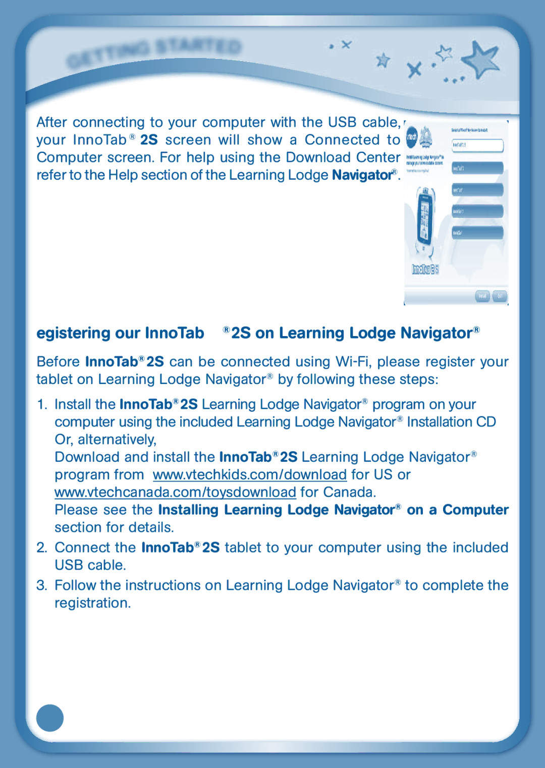 VTech user manual Registering your InnoTab2S on Learning Lodge Navigator 