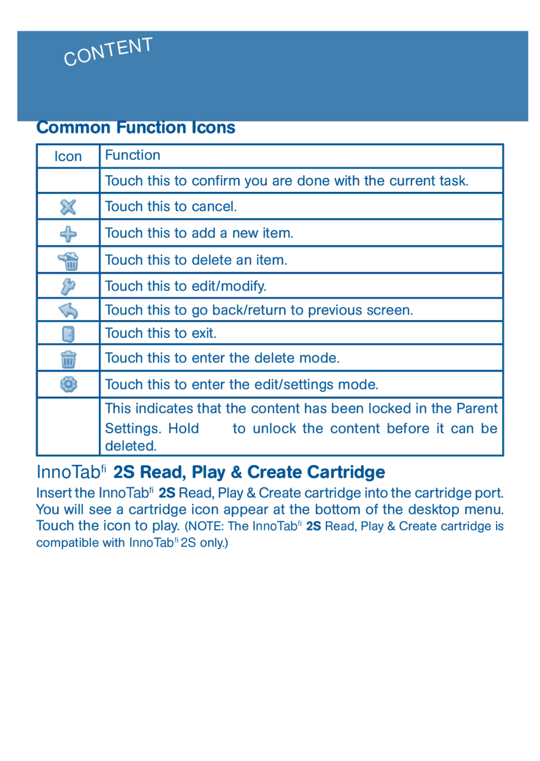 VTech user manual Common Function Icons, InnoTab 2S Read, Play & Create Cartridge 