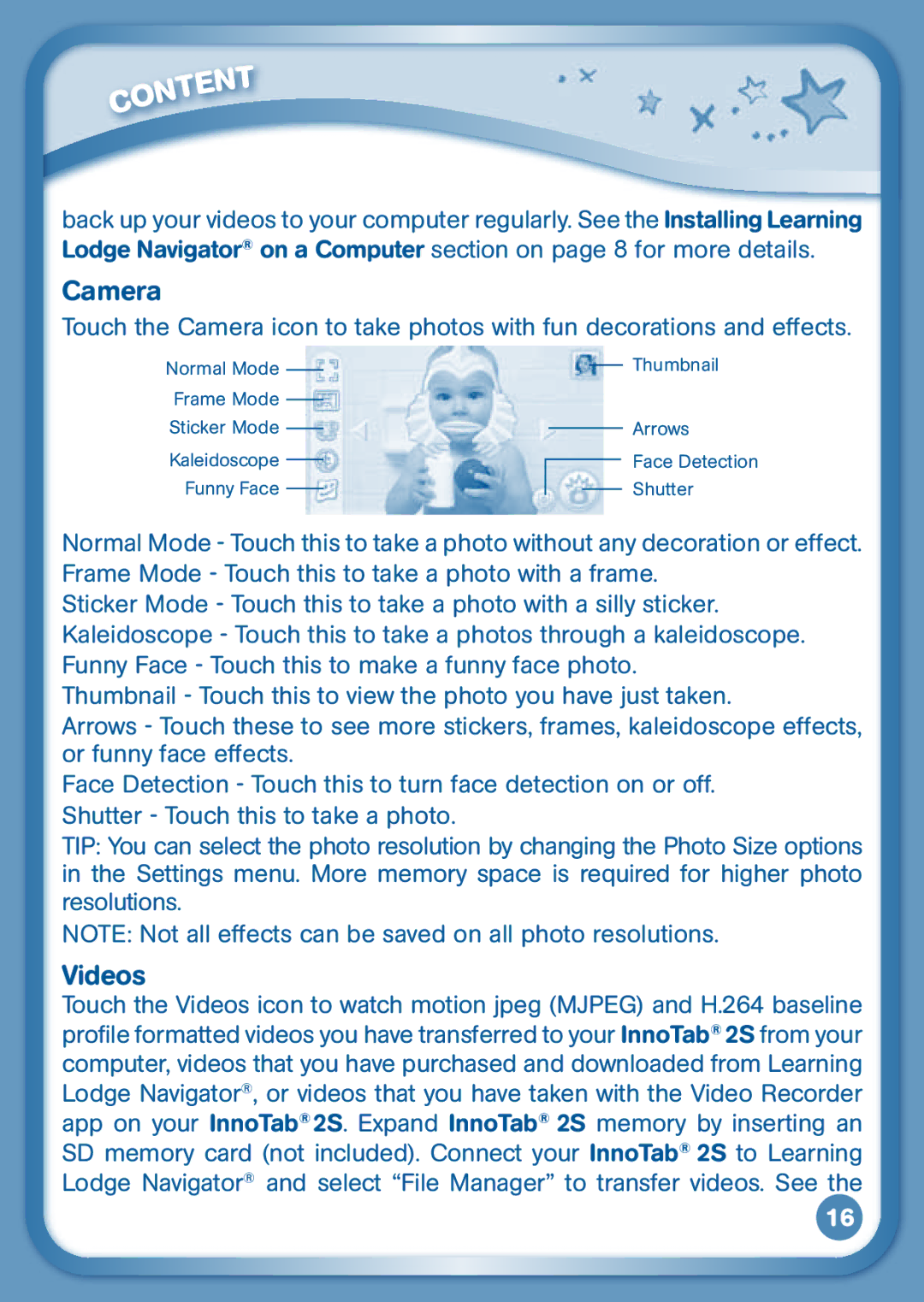 VTech 2S user manual Camera, Videos 