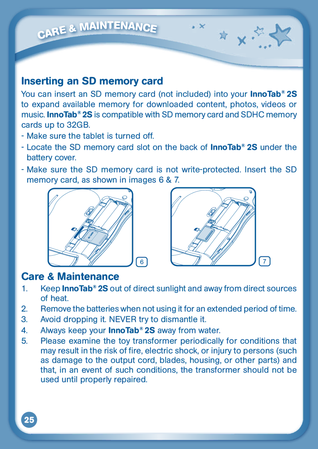 VTech 2S user manual Inserting an SD memory card, Care & Maintenance 