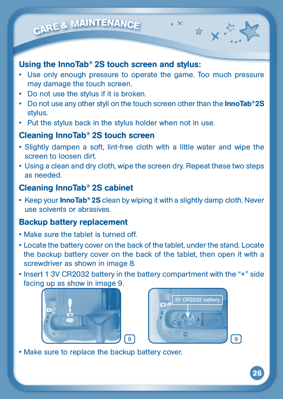 VTech Using the InnoTab 2S touch screen and stylus, Cleaning InnoTab 2S touch screen, Cleaning InnoTab 2S cabinet 