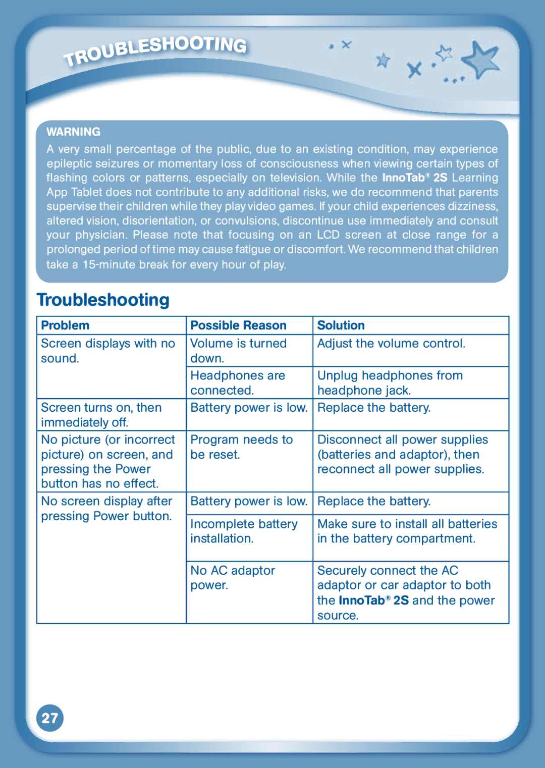 VTech 2S user manual Oti, Troubleshooting 