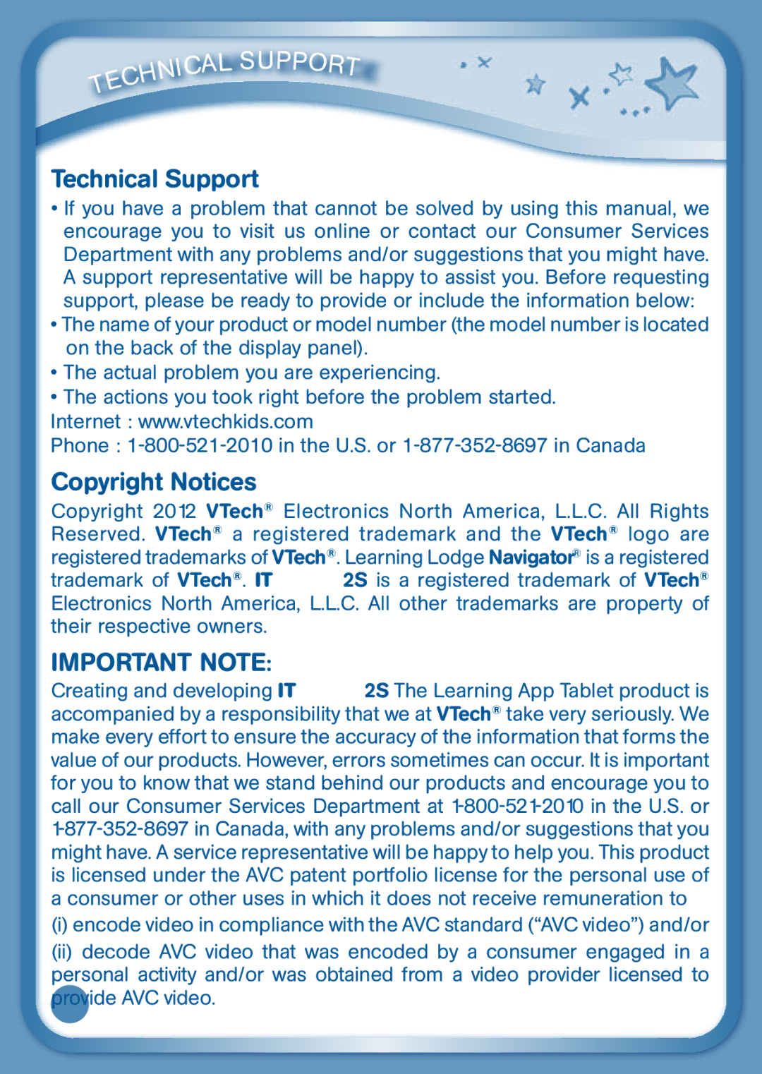 VTech 2S user manual Technical Support, Copyright Notices 