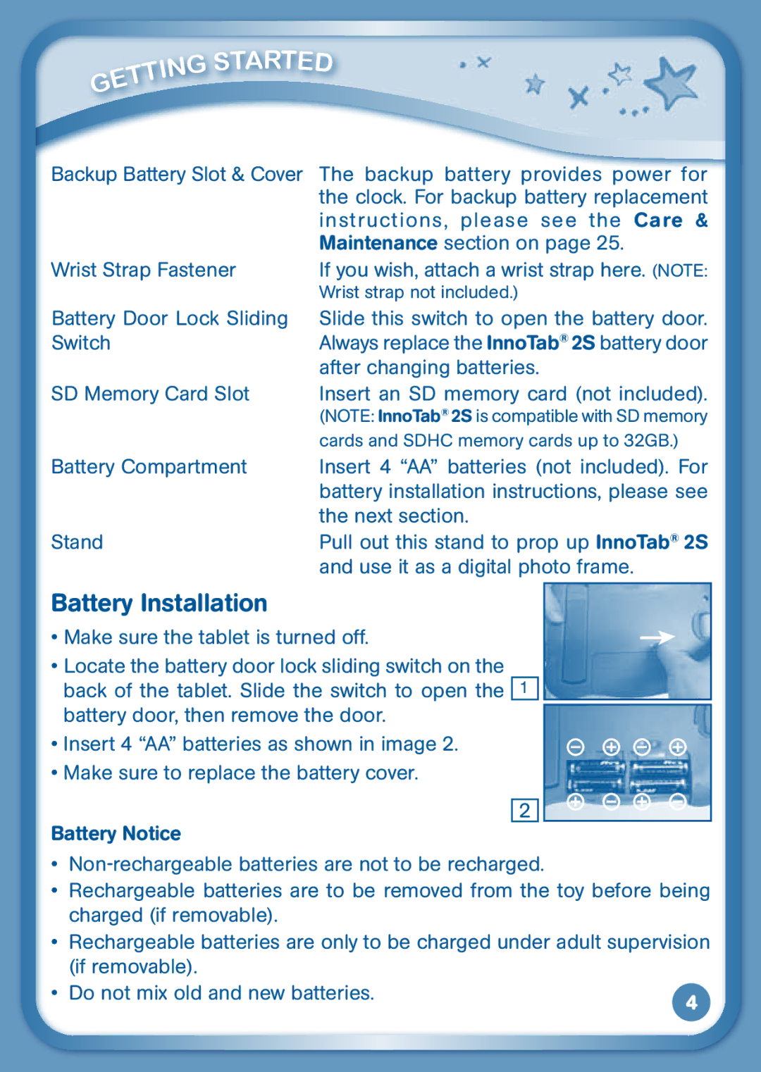 VTech 2S user manual Art, Battery Installation 