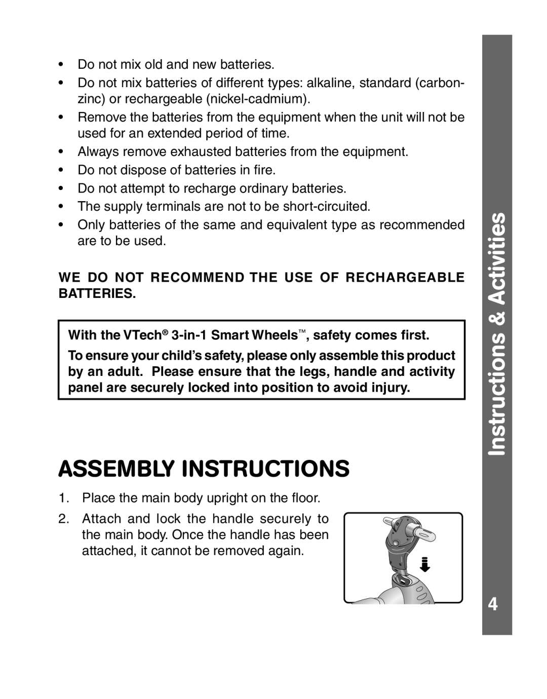 VTech 3-in-1 smart wheels manual Assembly Instructions, WE do not Recommend the USE of Rechargeable Batteries 