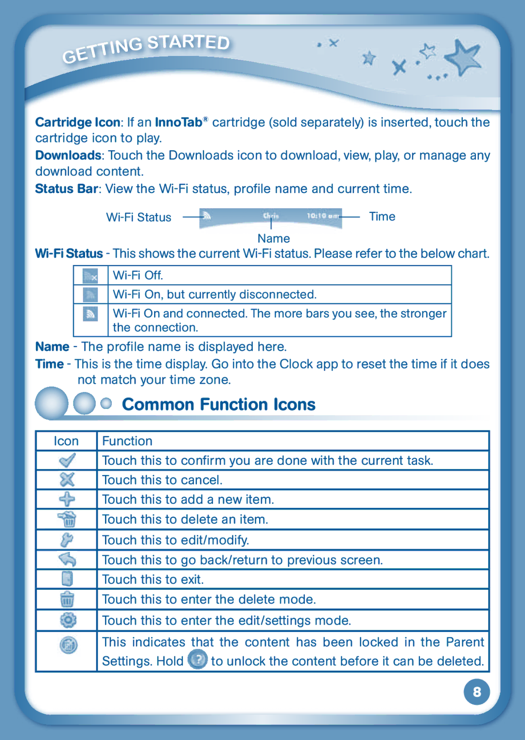 VTech 3S user manual Common Function Icons, Touch this to enter the delete mode, Touch this to enter the edit/settings mode 