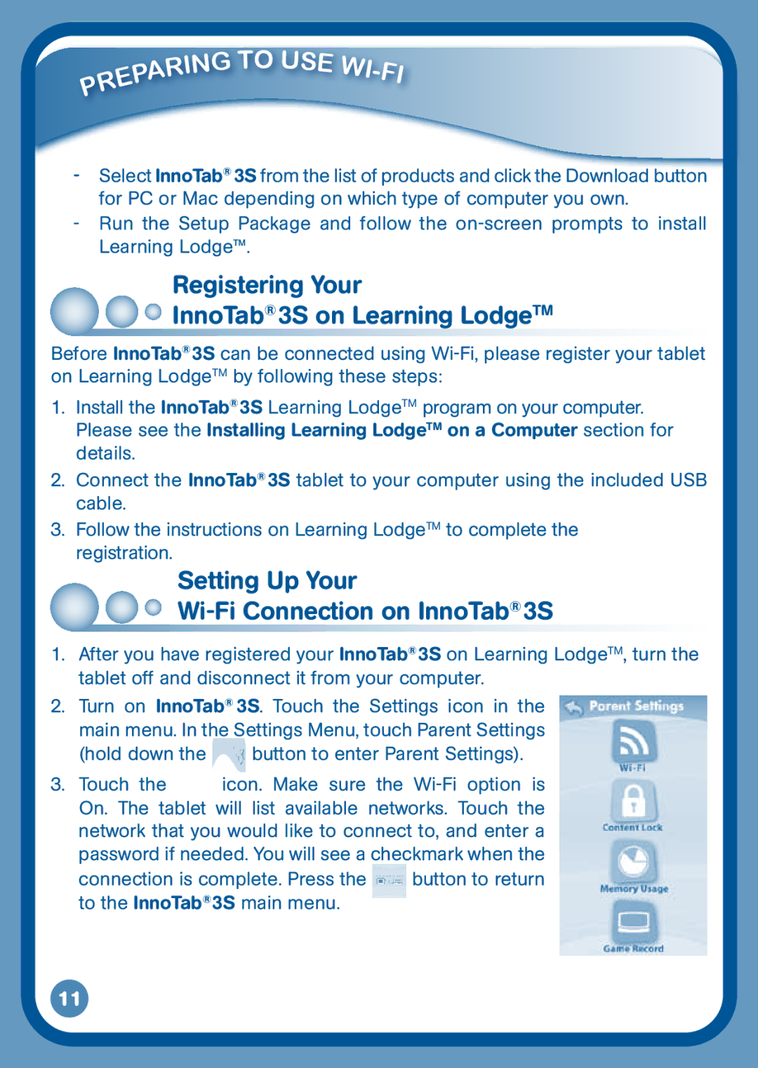 VTech user manual Registering Your InnoTab3S on Learning LodgeTM, Setting Up Your Wi-Fi Connection on InnoTab3S 