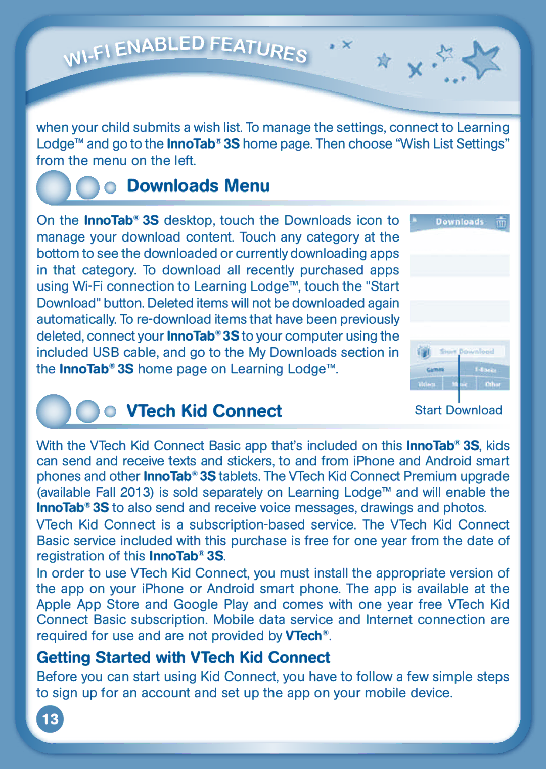 VTech 3S user manual Downloads Menu, Getting Started with VTech Kid Connect 