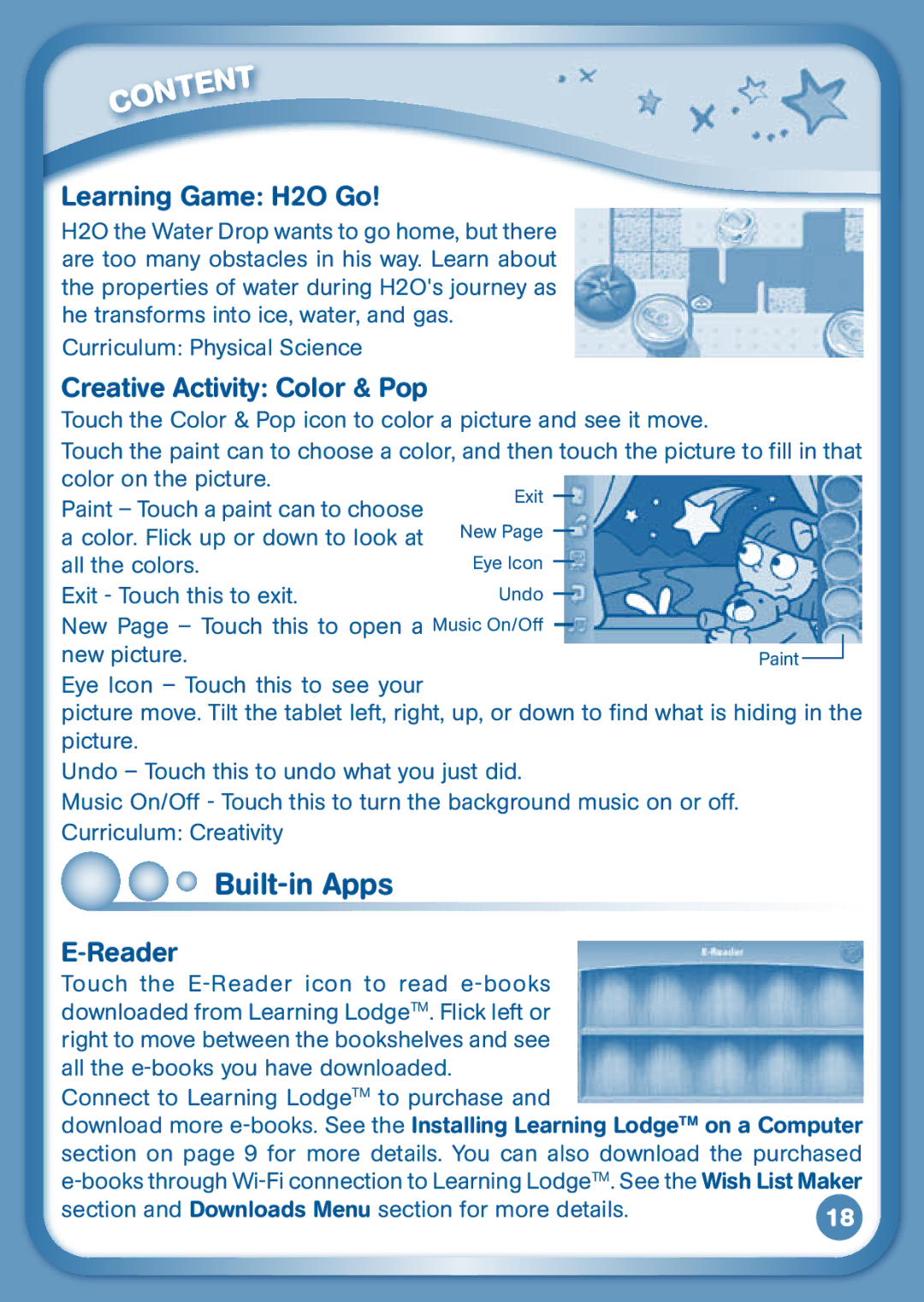 VTech 3S user manual Built-in Apps, Learning Game H2O Go, Creative Activity Color & Pop, Reader 