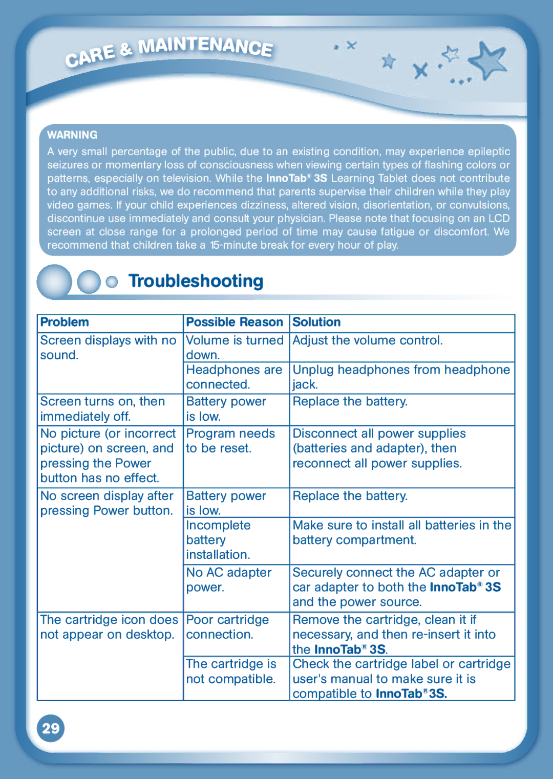 VTech 3S user manual Troubleshooting 