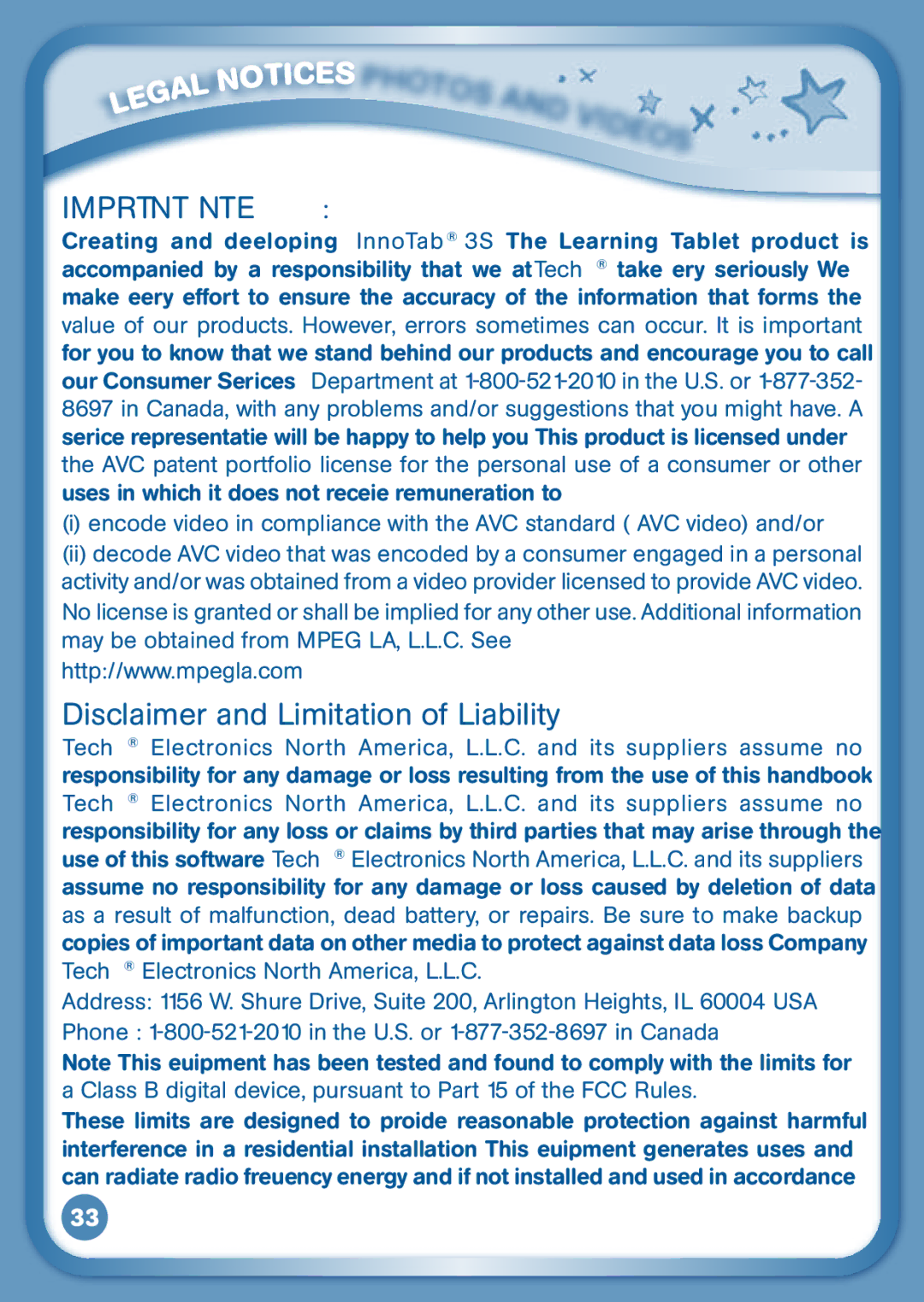 VTech 3S user manual Notic, Disclaimer and Limitation of Liability 