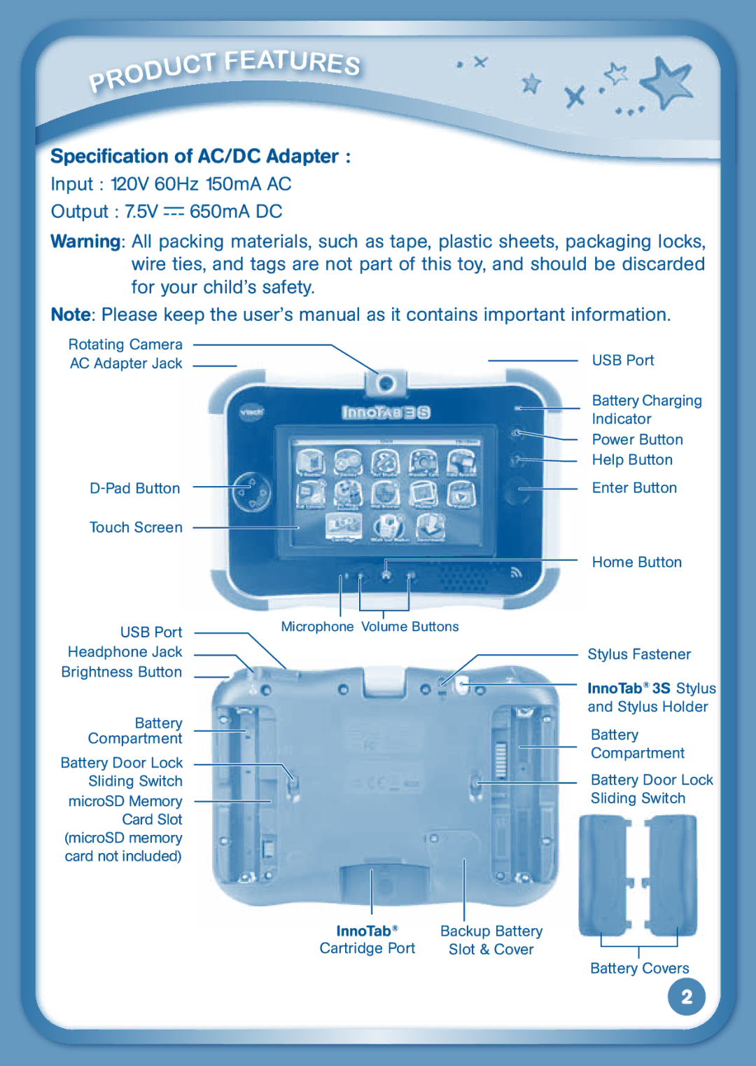 VTech 3S user manual Ures, Input 120V 60Hz 150mA AC Output 7.5V 650mA DC 