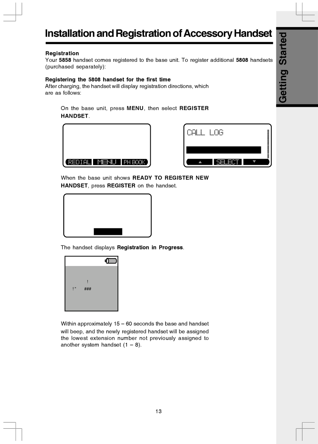 VTech Registering the 5808 handset for the first time, Handset displays Registration in Progress 