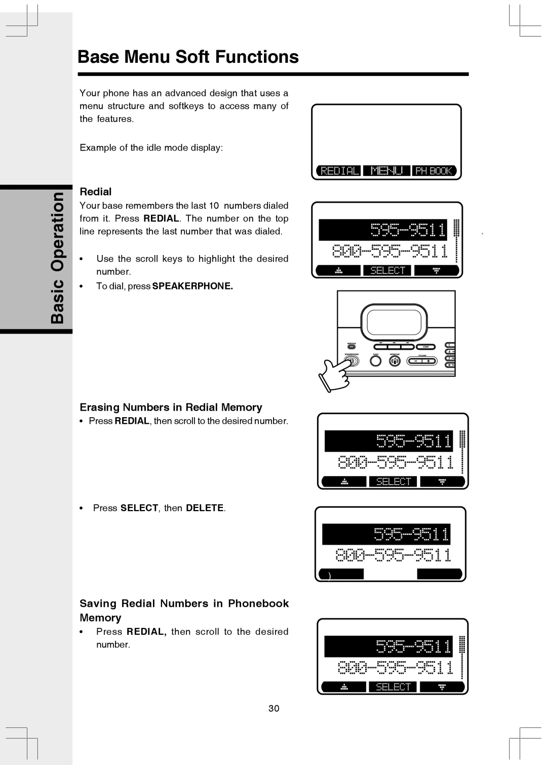 VTech 5808 Base Menu Soft Functions, Erasing Numbers in Redial Memory, Saving Redial Numbers in Phonebook Memory 