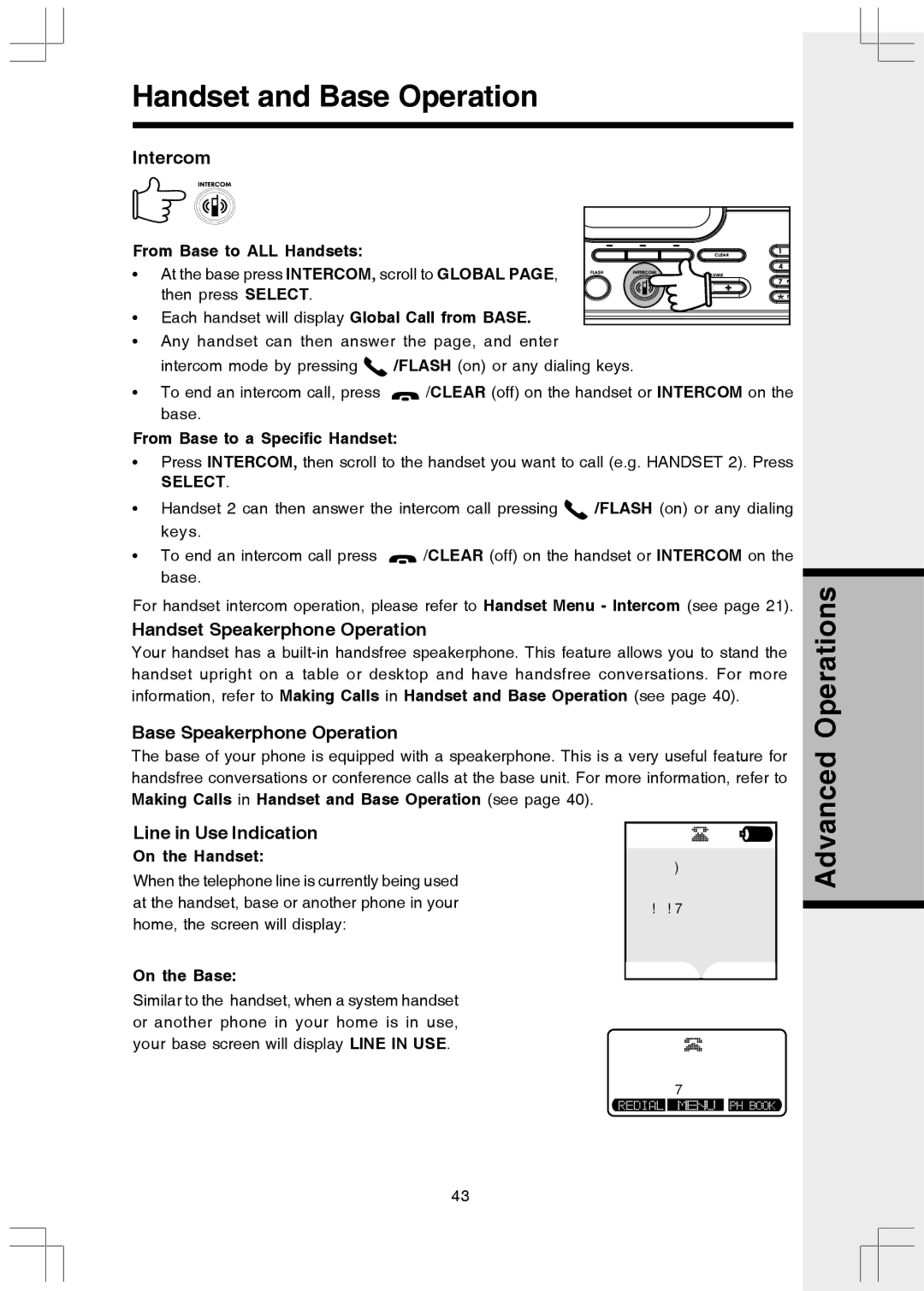 VTech 5808 Handset Speakerphone Operation, Base Speakerphone Operation, Line in Use Indication 