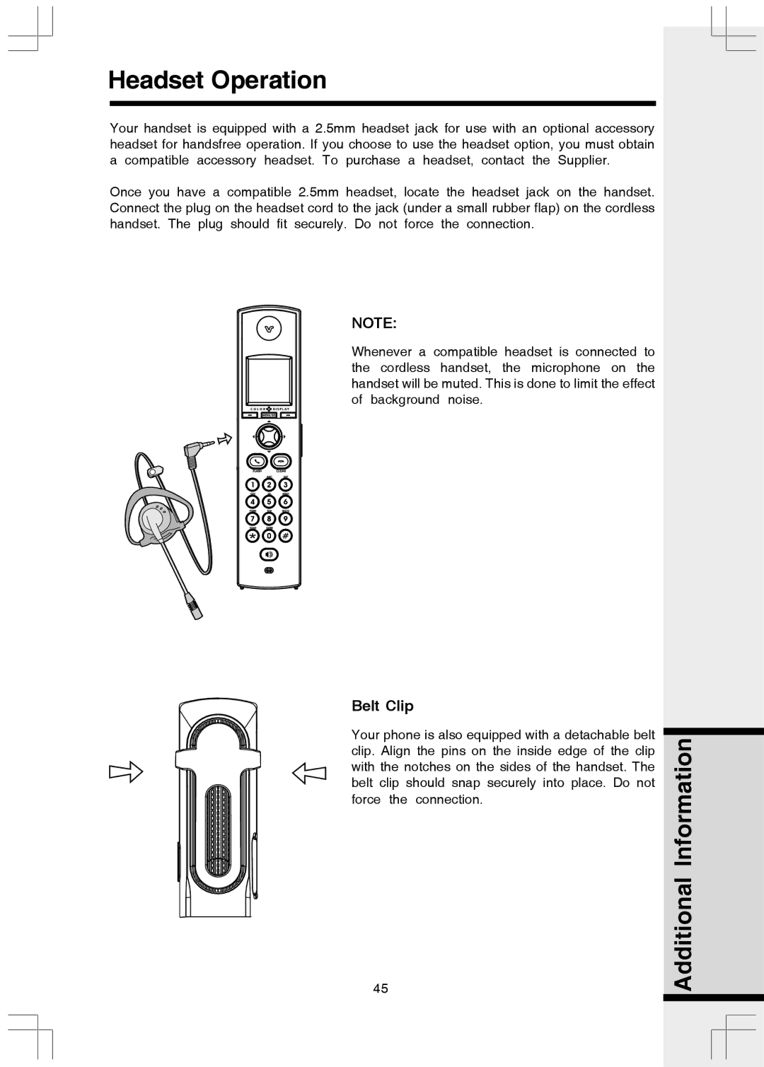 VTech 5808 important safety instructions Headset Operation, Belt Clip 